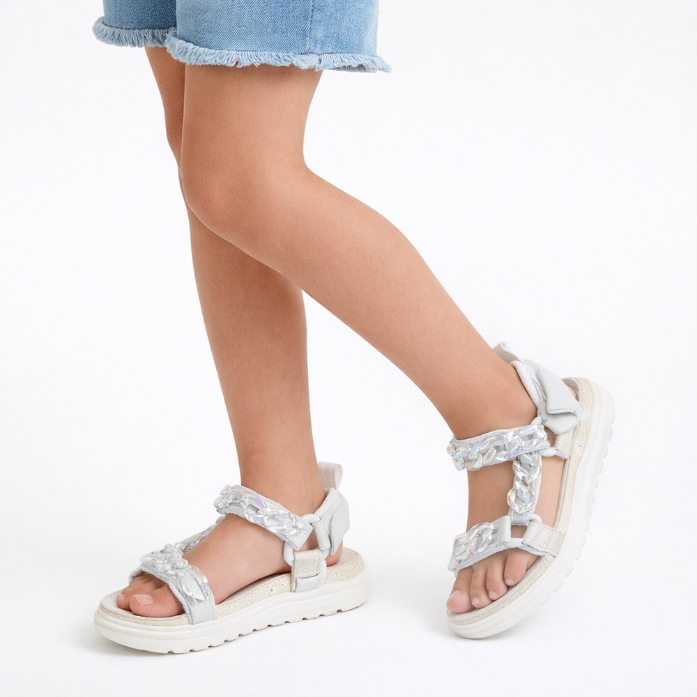 Justice Girls Sandals Size 3 White‎ Iridescent Chain Platform NWOT